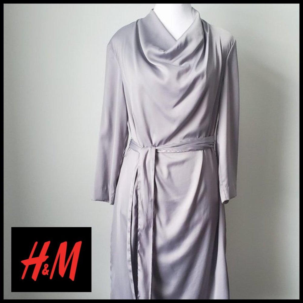 H&M Cowl Neck Silver Cocktail Dress Lightweight Crepe Satin Sash Belt 3/4 Sleeve